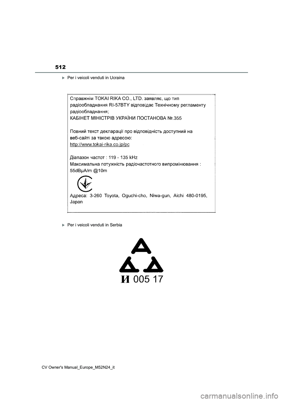 TOYOTA YARIS CROSS 2022  Manuale duso (in Italian) 512
CV Owner's Manual_Europe_M52N24_it
Per i veicoli venduti in Ucraina
Per i veicoli venduti in Serbia 
