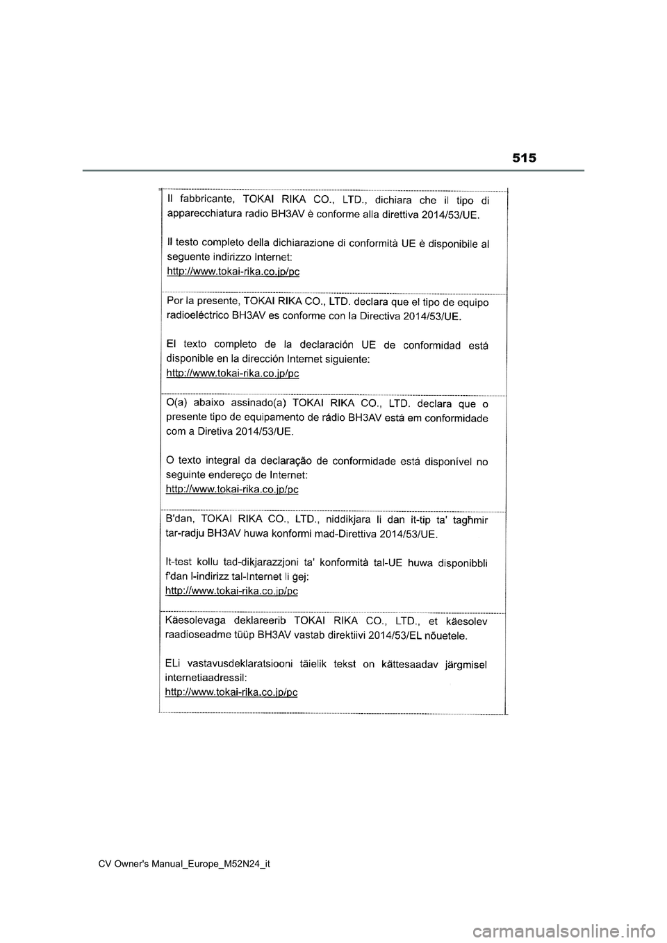 TOYOTA YARIS CROSS 2022  Manuale duso (in Italian) 515
CV Owner's Manual_Europe_M52N24_it 
