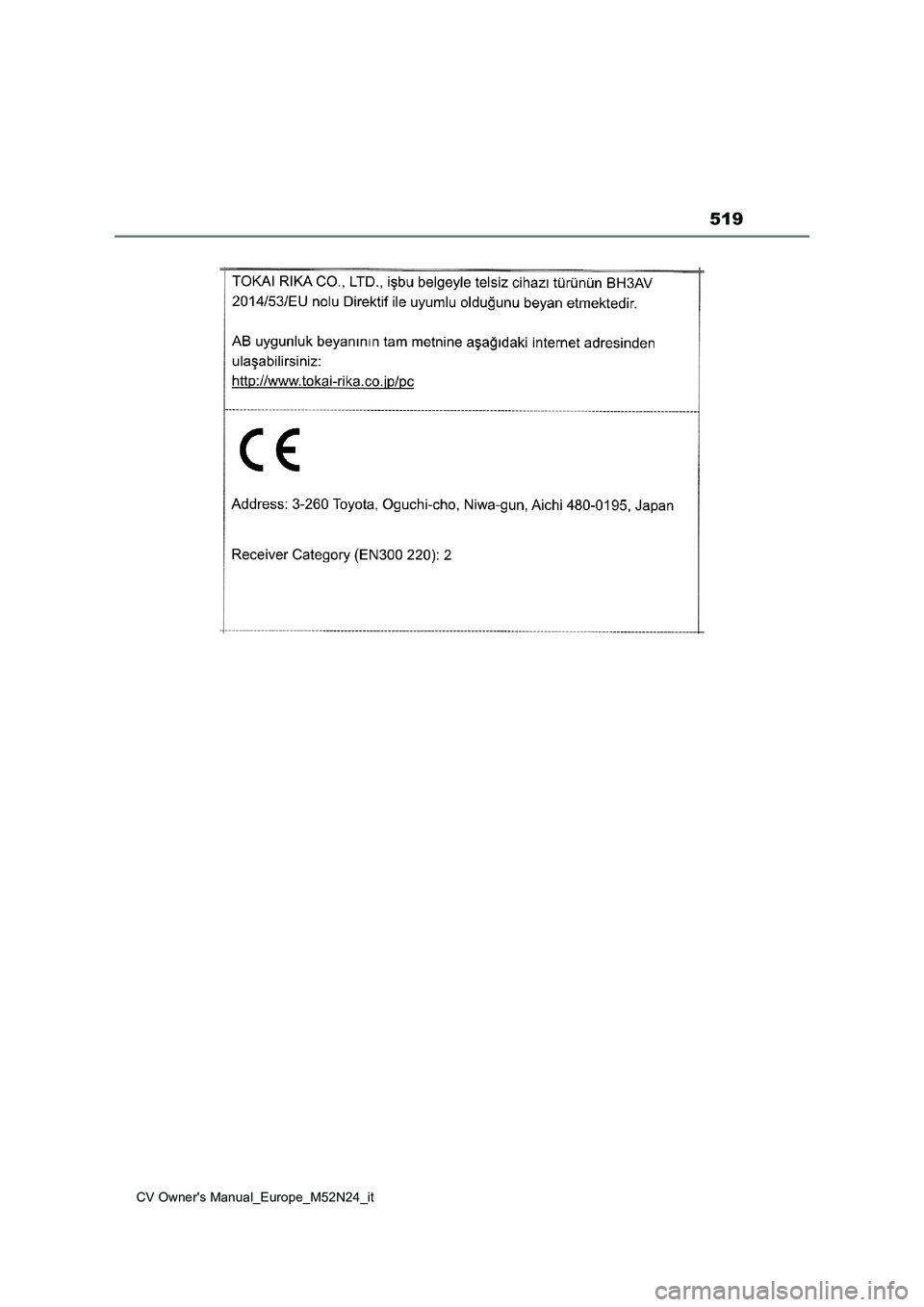 TOYOTA YARIS CROSS 2022  Manuale duso (in Italian) 519
CV Owner's Manual_Europe_M52N24_it 
