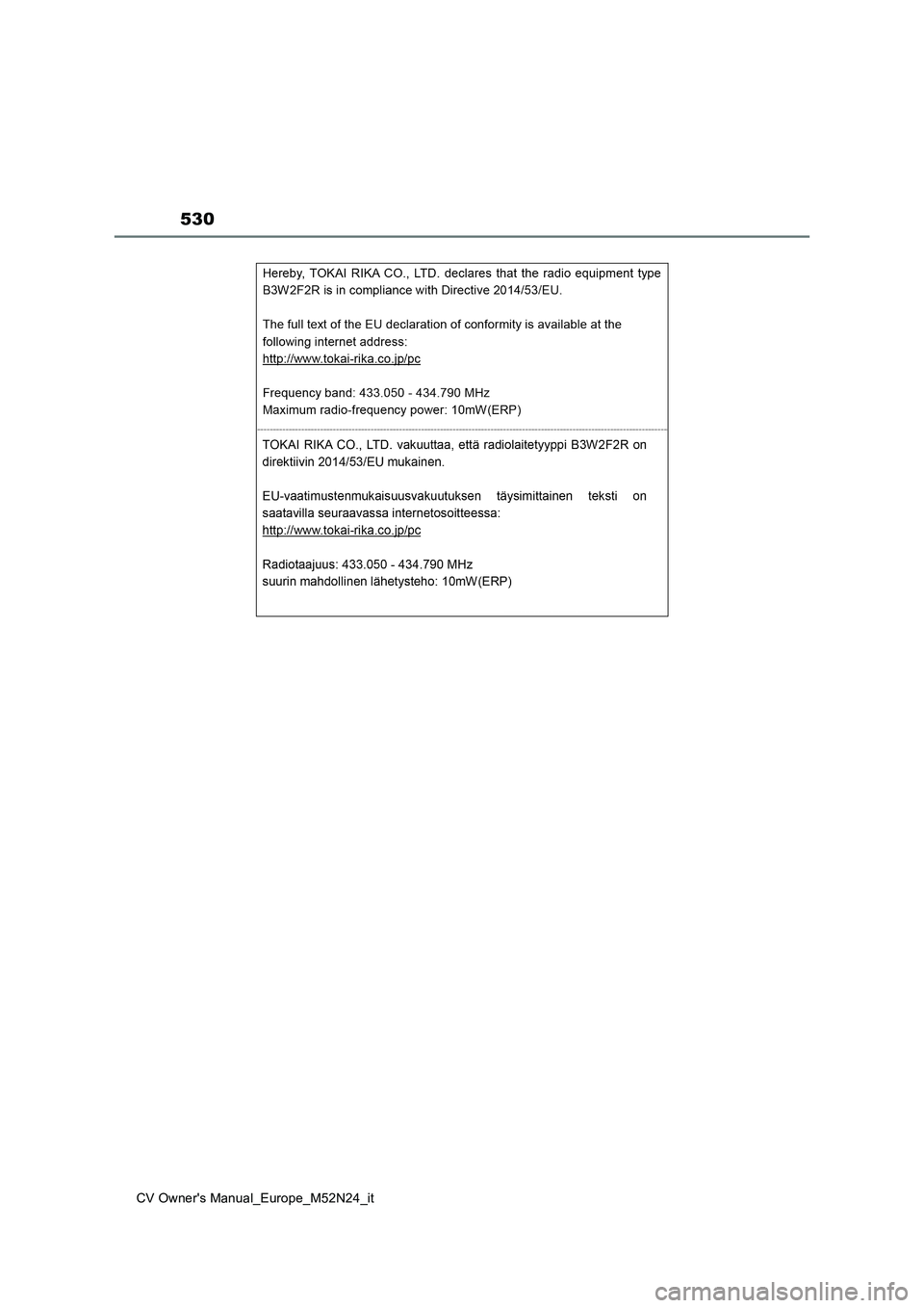 TOYOTA YARIS CROSS 2022  Manuale duso (in Italian) 530
CV Owner's Manual_Europe_M52N24_it 
