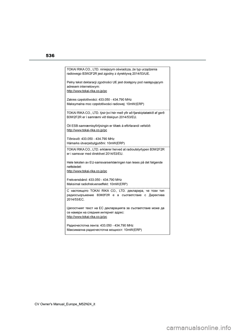 TOYOTA YARIS CROSS 2022  Manuale duso (in Italian) 536
CV Owner's Manual_Europe_M52N24_it 