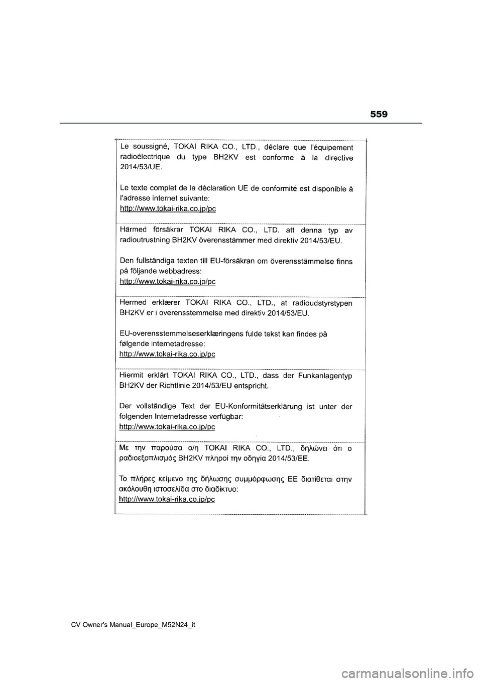 TOYOTA YARIS CROSS 2022  Manuale duso (in Italian) 559
CV Owner's Manual_Europe_M52N24_it 