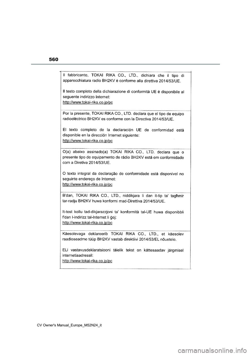 TOYOTA YARIS CROSS 2022  Manuale duso (in Italian) 560
CV Owner's Manual_Europe_M52N24_it 