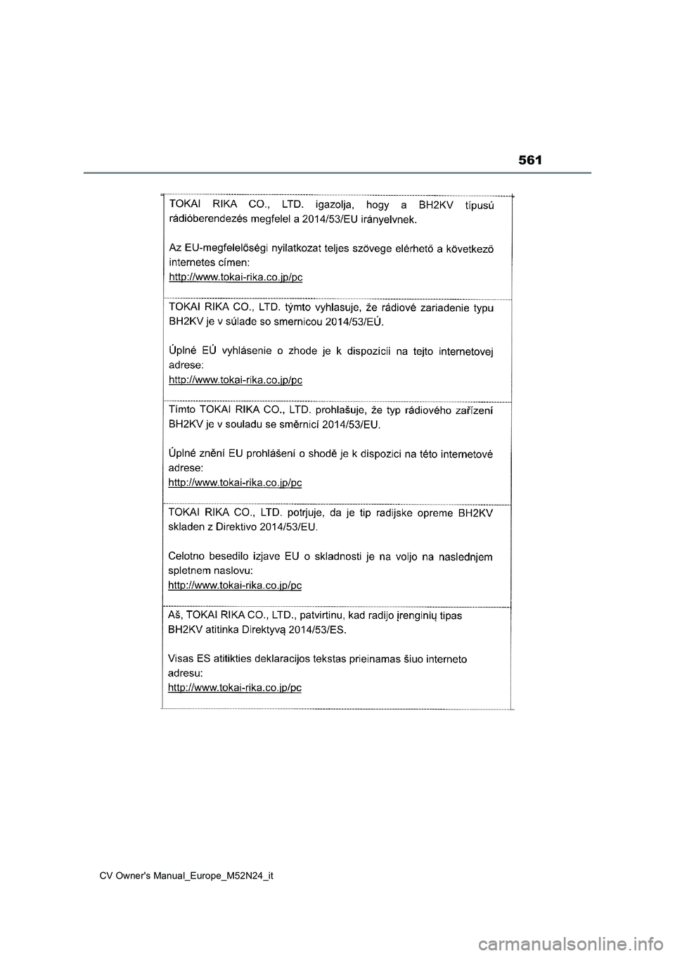 TOYOTA YARIS CROSS 2022  Manuale duso (in Italian) 561
CV Owner's Manual_Europe_M52N24_it 