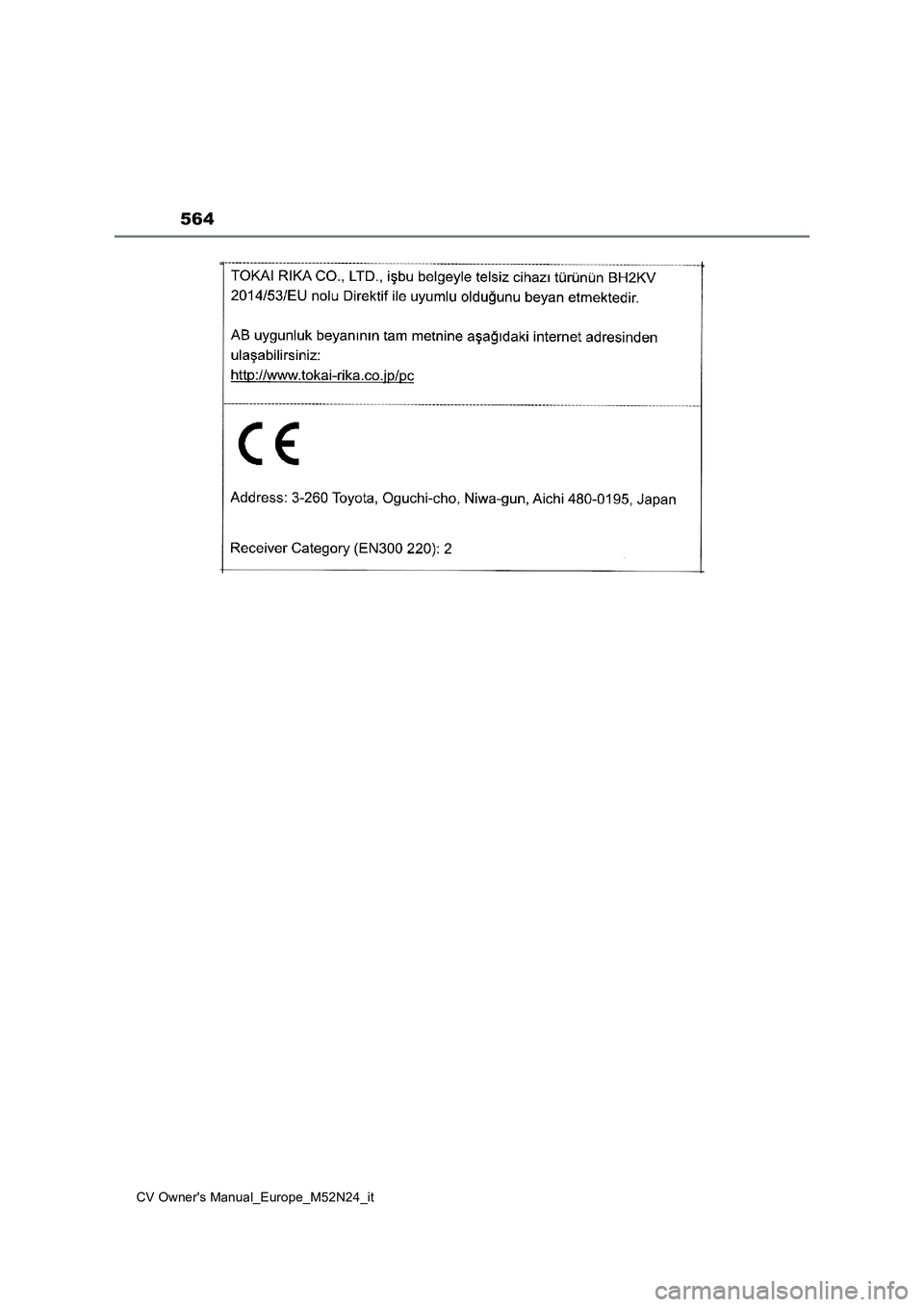 TOYOTA YARIS CROSS 2022  Manuale duso (in Italian) 564
CV Owner's Manual_Europe_M52N24_it 