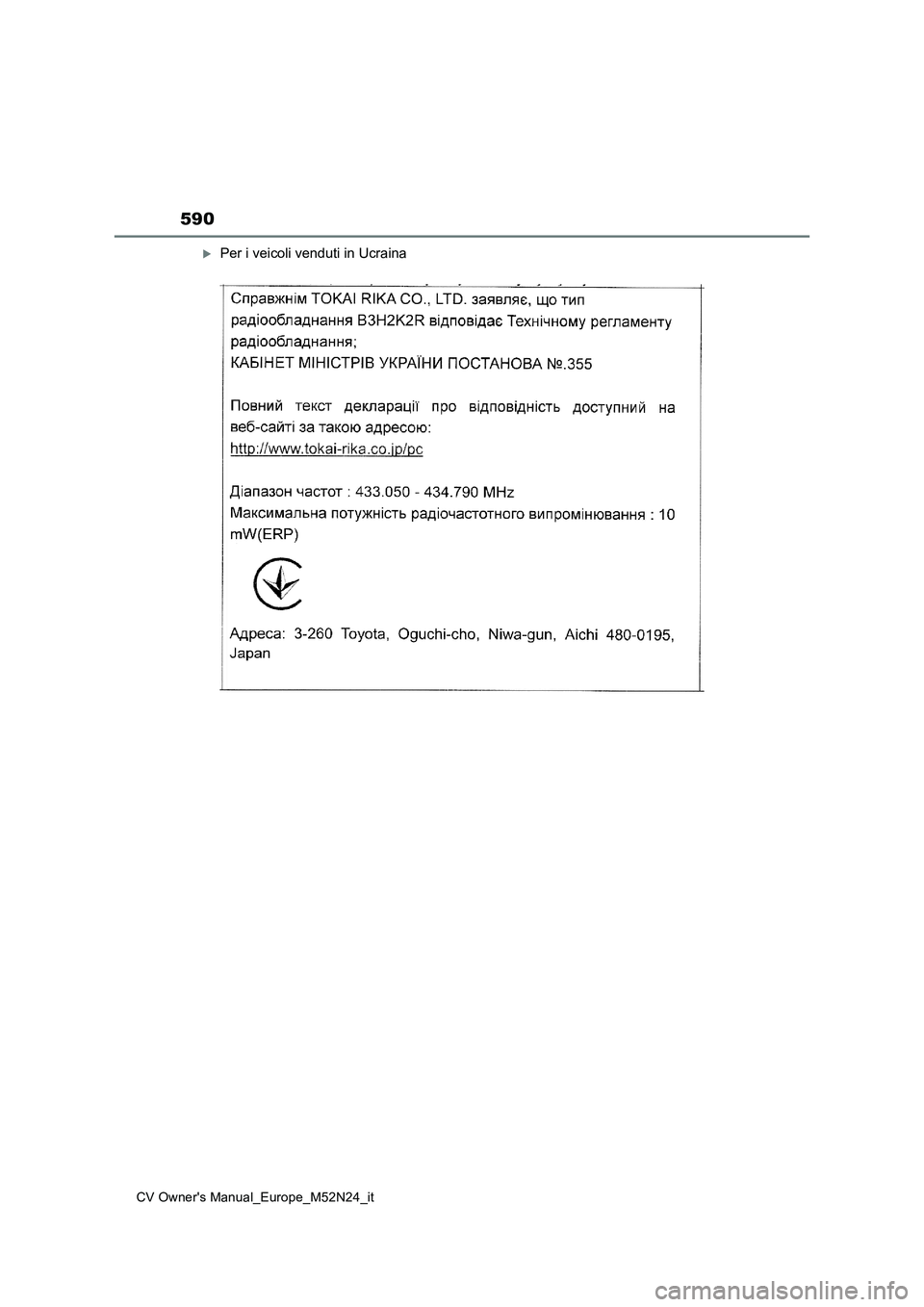 TOYOTA YARIS CROSS 2022  Manuale duso (in Italian) 590
CV Owner's Manual_Europe_M52N24_it
Per i veicoli venduti in Ucraina 