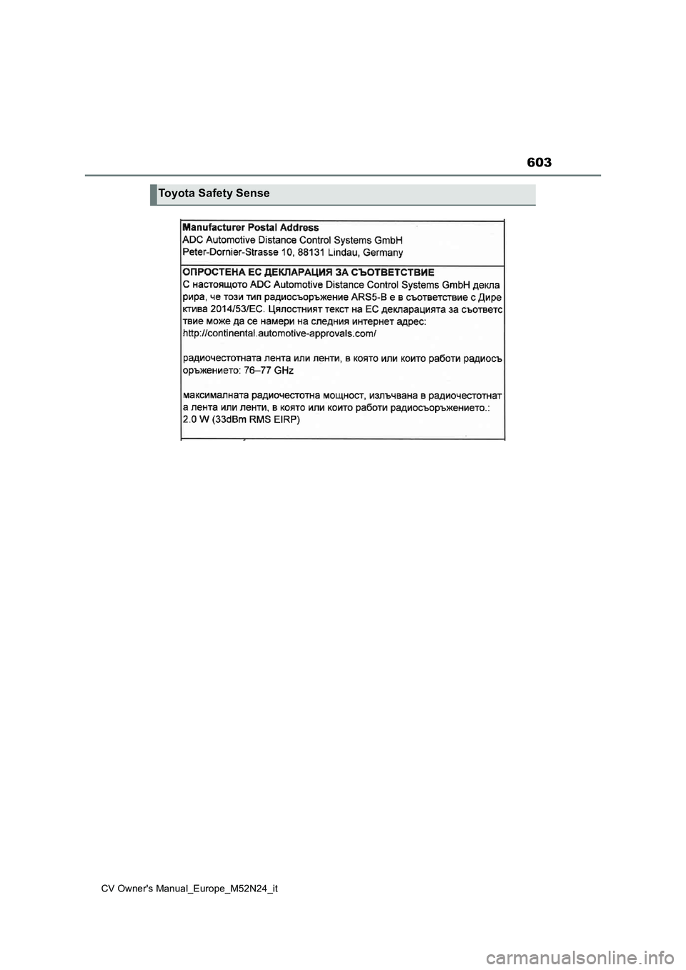 TOYOTA YARIS CROSS 2022  Manuale duso (in Italian) 603
CV Owner's Manual_Europe_M52N24_it
Toyota Safety Sense 