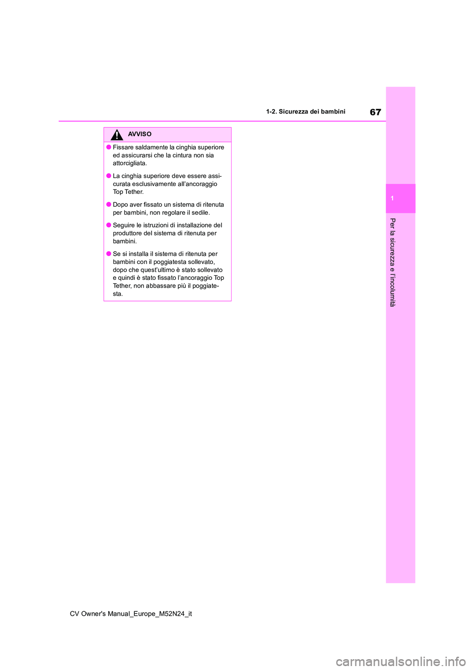 TOYOTA YARIS CROSS 2022  Manuale duso (in Italian) 67
1
CV Owner's Manual_Europe_M52N24_it
1-2. Sicurezza dei bambini
Per la sicurezza e l’incolumità
AVVISO
●Fissare saldamente la cinghia superiore  
ed assicurarsi che la cintura non sia  att