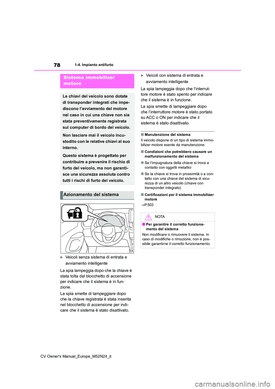 TOYOTA YARIS CROSS 2022 Manuale duso (in Italian) 78
CV Owner's Manual_Europe_M52N24_it
1-4. Impianto antifurto
1-4.Impianto antifurto
Veicoli senza sistema di entrata e
avviamento intelligente
La spia lampeggia dopo che la chiave è
stat TOYOTA YARIS CROSS 2022 Manuale duso (in Italian) 78
CV Owner's Manual_Europe_M52N24_it
1-4. Impianto antifurto
1-4.Impianto antifurto
Veicoli senza sistema di entrata e
avviamento intelligente
La spia lampeggia dopo che la chiave è
stat