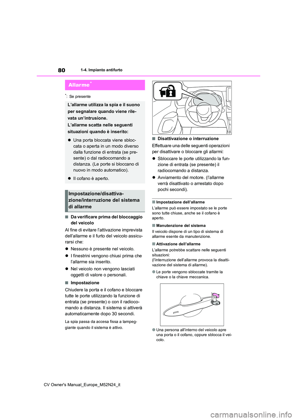 TOYOTA YARIS CROSS 2022 Manuale duso (in Italian) 80
CV Owner's Manual_Europe_M52N24_it
1-4. Impianto antifurto
*: Se presente
■Da verificare prima del bloccaggio
del veicolo
Al fine di evitare l’attivazione imprevista
dell’allarme e i TOYOTA YARIS CROSS 2022 Manuale duso (in Italian) 80
CV Owner's Manual_Europe_M52N24_it
1-4. Impianto antifurto
*: Se presente
■Da verificare prima del bloccaggio
del veicolo
Al fine di evitare l’attivazione imprevista
dell’allarme e i
