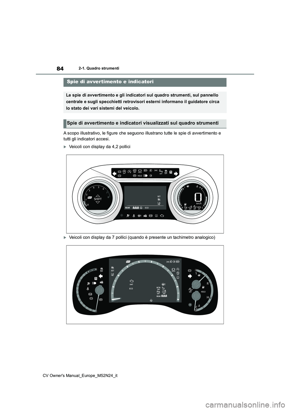 TOYOTA YARIS CROSS 2022  Manuale duso (in Italian) 84
CV Owner's Manual_Europe_M52N24_it
2-1. Quadro strumenti
2-1.Quadro strumenti
A scopo illustrativo, le figure che seguono illustrano tutte le spie di avvertimento e  
tutti gli indicatori acces