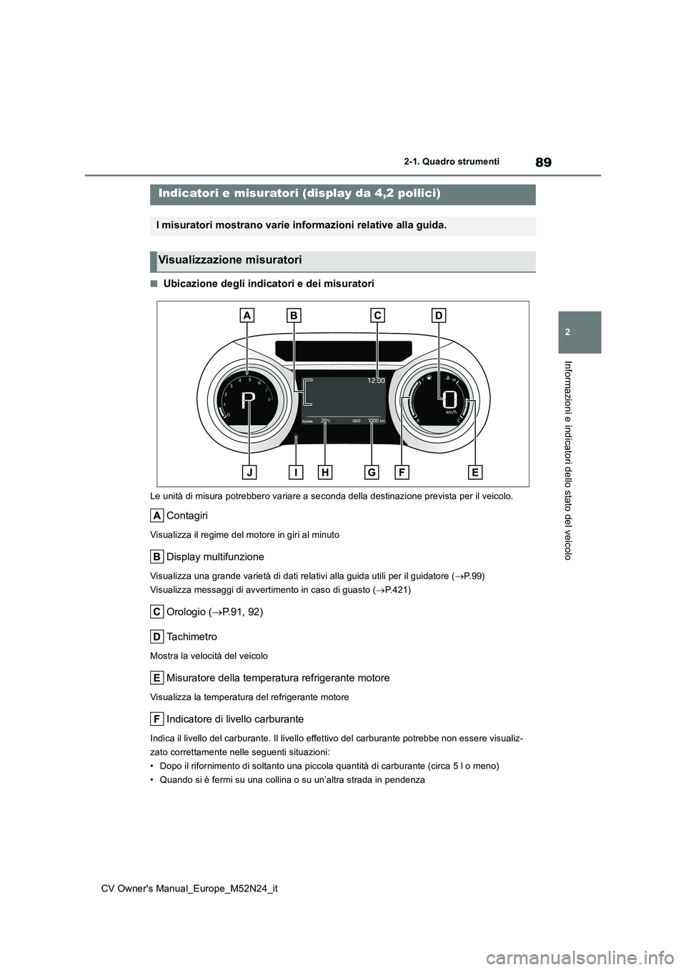 TOYOTA YARIS CROSS 2022 Manuale duso (in Italian) 89
2
CV Owner's Manual_Europe_M52N24_it
2-1. Quadro strumenti
Informazioni e indicatori dello stato del veicolo
■Ubicazione degli indicatori e dei misuratori
Le unità di misura potrebbero varia TOYOTA YARIS CROSS 2022 Manuale duso (in Italian) 89
2
CV Owner's Manual_Europe_M52N24_it
2-1. Quadro strumenti
Informazioni e indicatori dello stato del veicolo
■Ubicazione degli indicatori e dei misuratori
Le unità di misura potrebbero varia