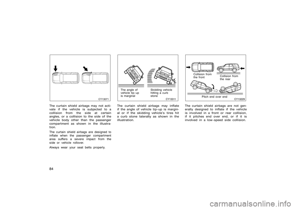 TOYOTA 4RUNNER 2008 N210 / 4.G Owners Manual 84
CY13071
The curtain shield airbags may not acti-
vate if the vehicle is subjected to a
collision from the side at certain
angles, or a collision to the side of the
vehicle body other than the passe