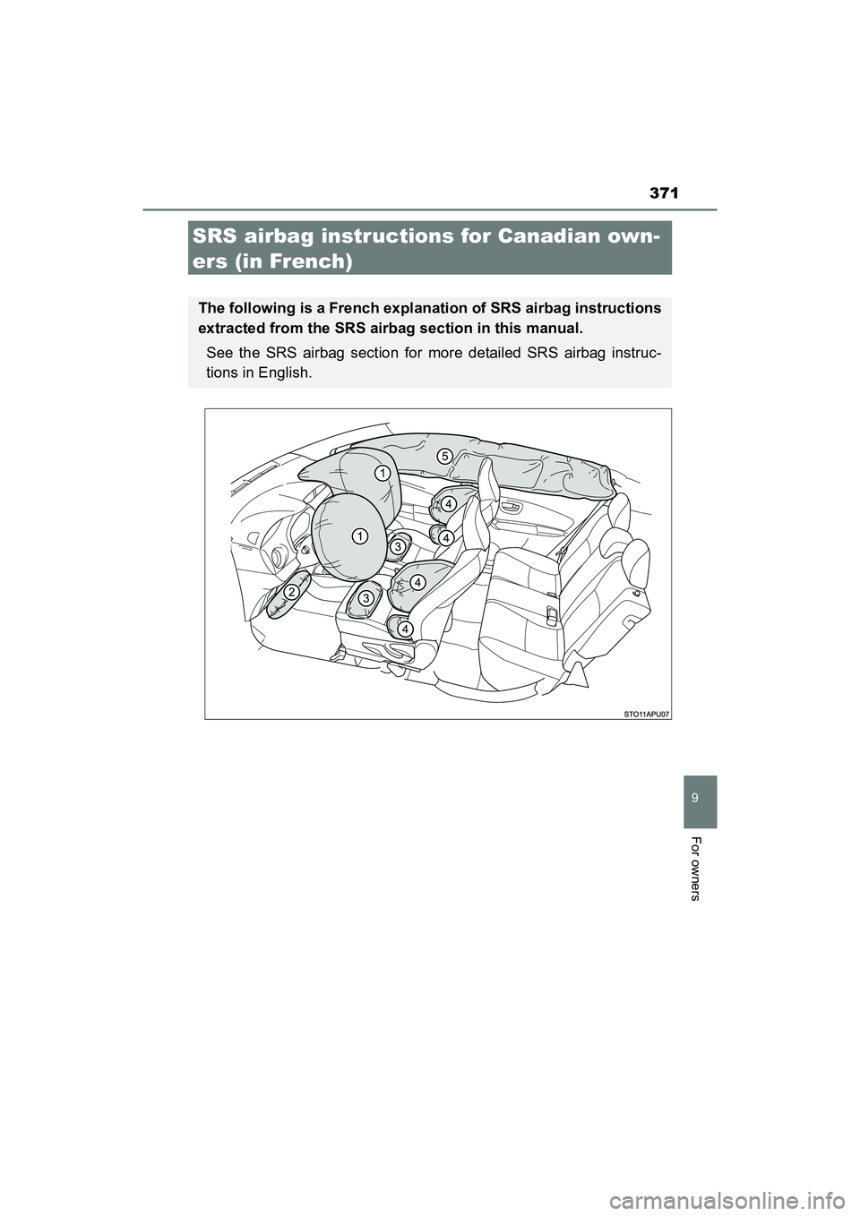 TOYOTA YARIS HATCHBACK 2017  Owners Manual 371
9
For owners
YARIS_HB_OM_USA_OM52G64U
SRS airbag instructions for Canadian own-
ers (in French)
The following is a French explanation of SRS airbag instructions
extracted from the SRS airbag secti