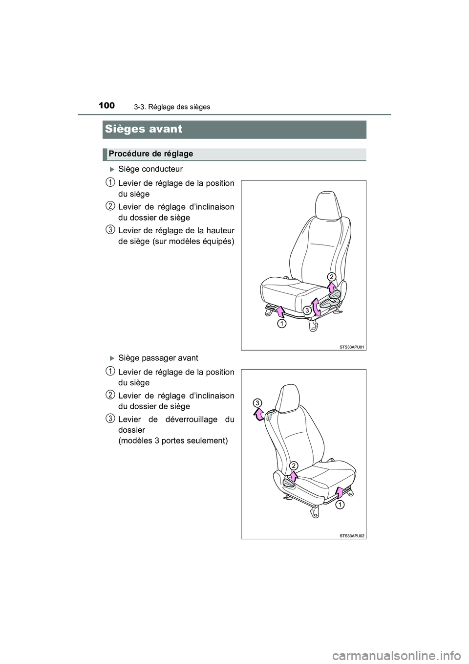 TOYOTA YARIS HATCHBACK 2017  Manuel du propriétaire (in French) 1003-3. Réglage des sièges
YARIS_HB_OM_USA_OM52G64D
Sièges avant
Siège conducteur
Levier de réglage de la position
du siège
Levier de réglage d’inclinaison
du dossier de siège
Levier de r