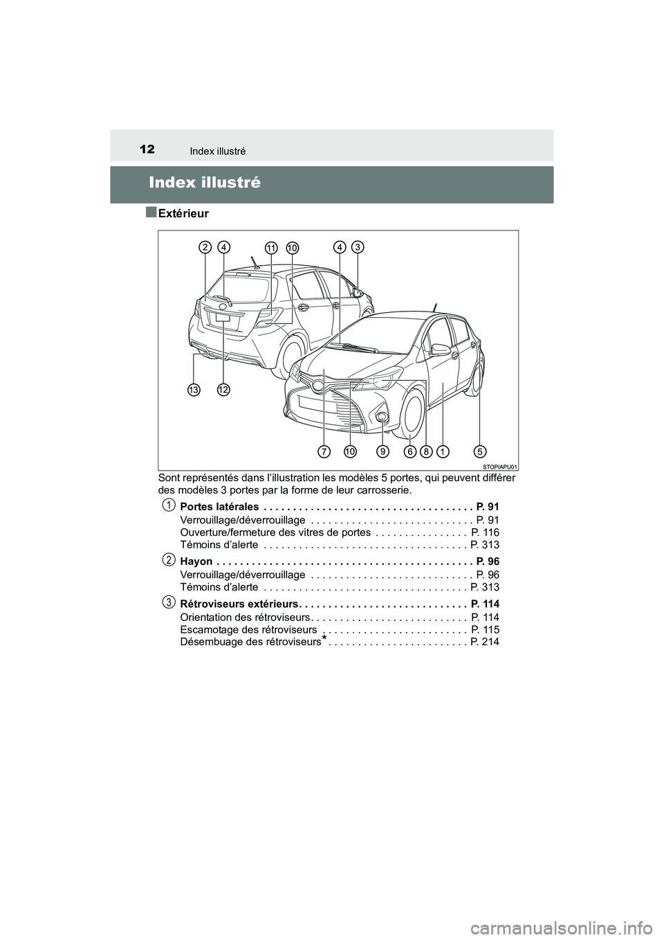 TOYOTA YARIS HATCHBACK 2017  Manuel du propriétaire (in French) 12Index illustré
YARIS_HB_OM_USA_OM52G64D
Index illustré
■
Extérieur
Sont représentés dans l’illustration les modèles 5 portes, qui peuvent différer
des modèles 3 portes par la forme de le