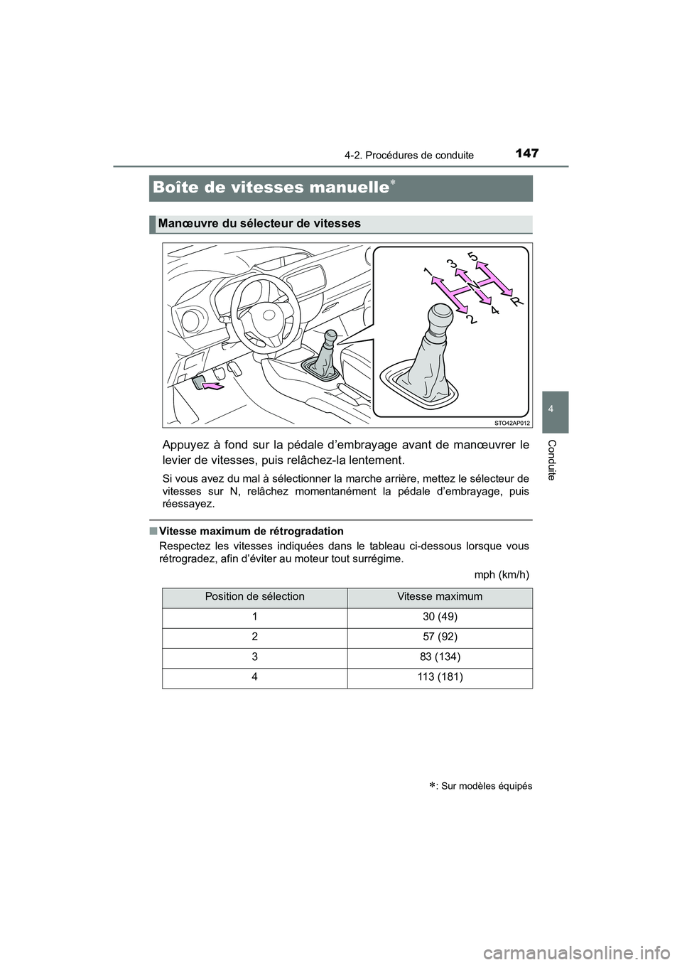 TOYOTA YARIS HATCHBACK 2017  Manuel du propriétaire (in French) 1474-2. Procédures de conduite
4
Conduite
YARIS_HB_OM_USA_OM52G64D
Boîte de vitesses manuelle
Appuyez à fond sur la pédale d’embrayage avant de manœuvrer le
levier de vitesses, puis relâche