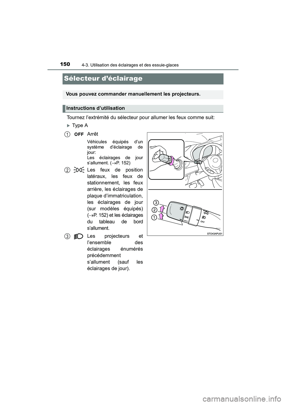 TOYOTA YARIS HATCHBACK 2017  Manuel du propriétaire (in French) 1504-3. Utilisation des éclairages et des essuie-glaces
YARIS_HB_OM_USA_OM52G64D
Sélecteur d’éclairage
Tournez l’extrémité du sélecteur pour allumer les feux comme suit:
Type AArrêt
Véh