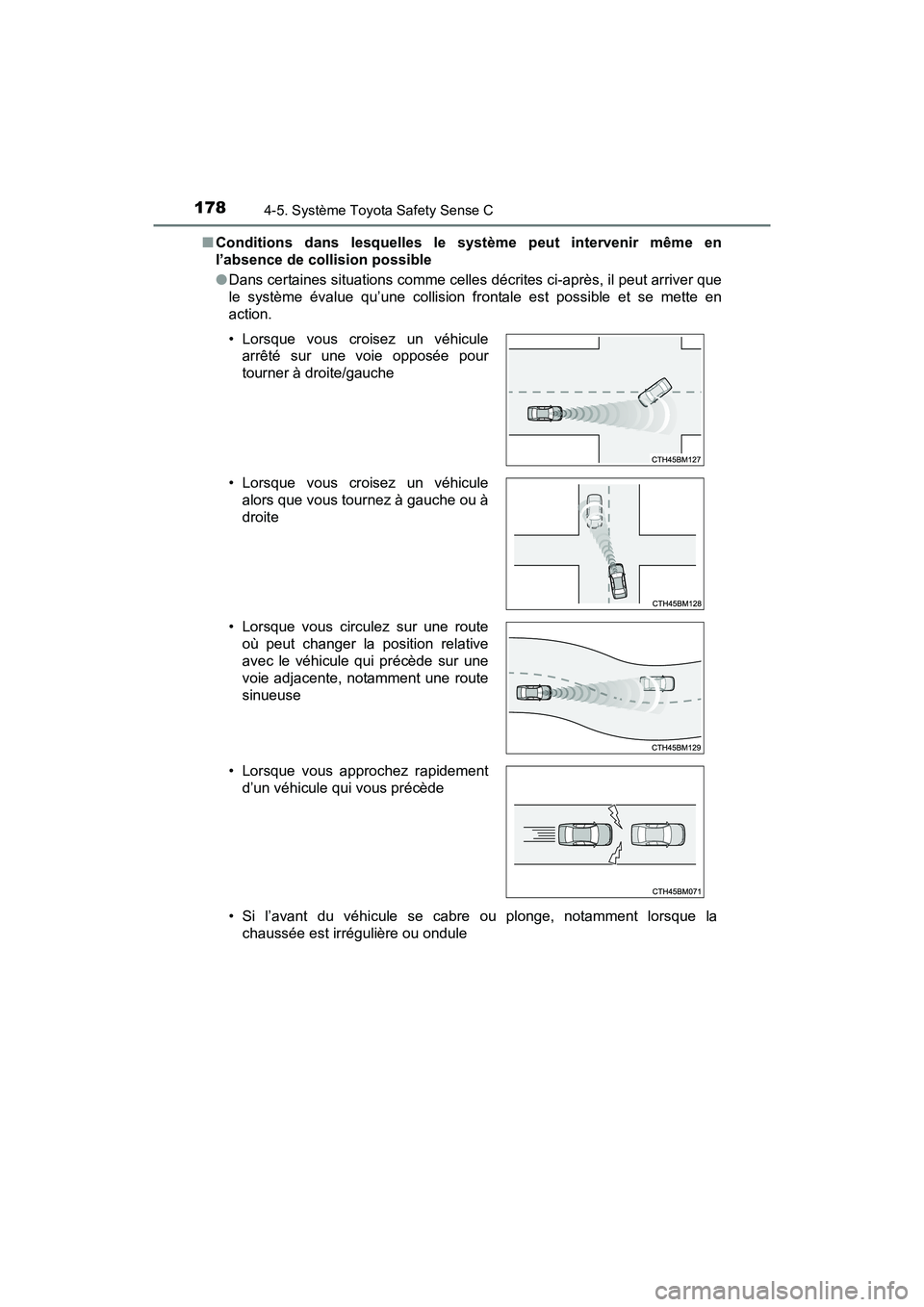 TOYOTA YARIS HATCHBACK 2017  Manuel du propriétaire (in French) 1784-5. Système Toyota Safety Sense C
YARIS_HB_OM_USA_OM52G64D■
Conditions dans lesquelles le système peut intervenir même en
l’absence de collision possible
●Dans certaines situations comme 