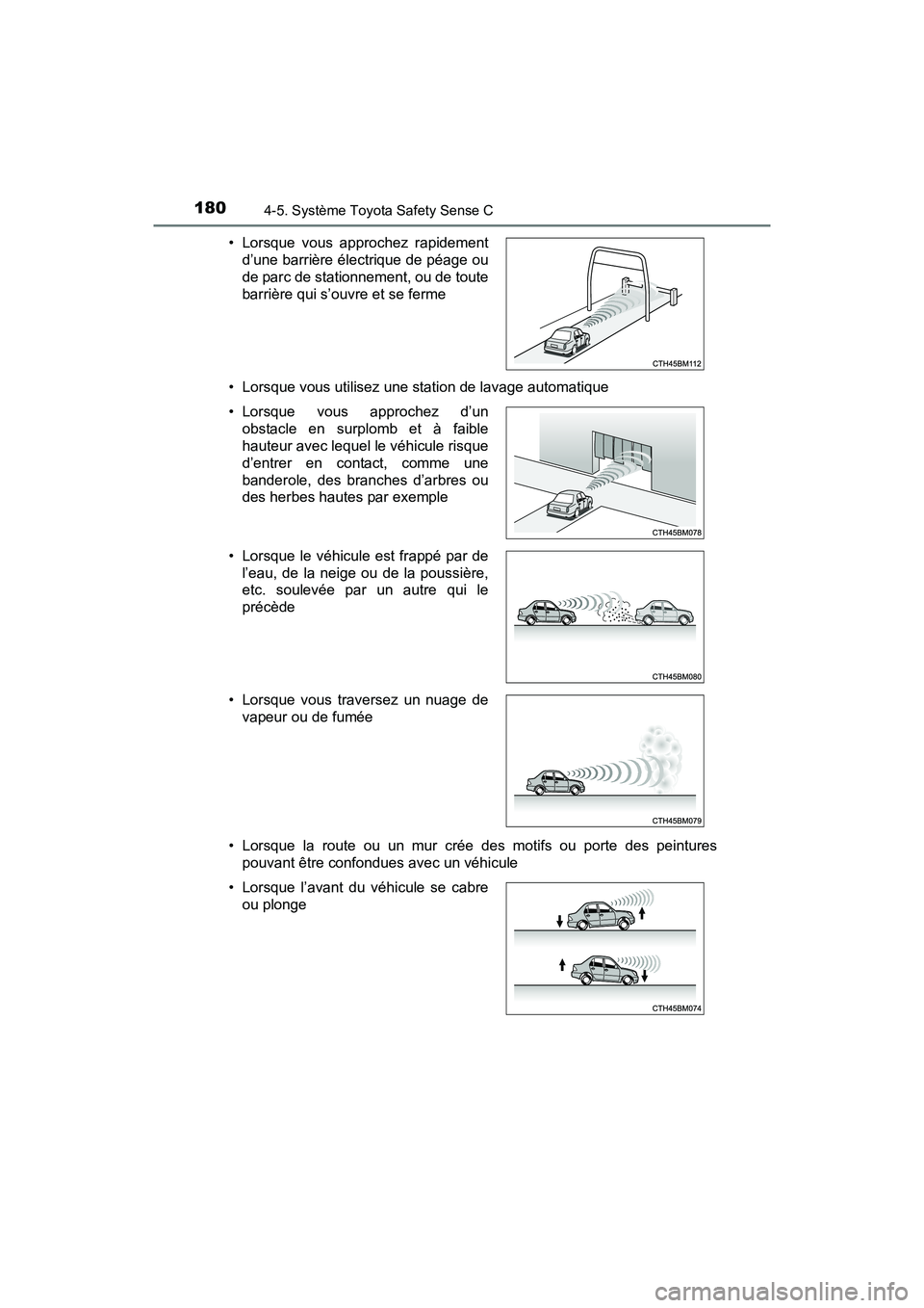 TOYOTA YARIS HATCHBACK 2017  Manuel du propriétaire (in French) 1804-5. Système Toyota Safety Sense C
YARIS_HB_OM_USA_OM52G64D• Lorsque vous utilisez une station de lavage automatique
• Lorsque la route ou un mur crée des motifs ou porte des peintures
pouvan