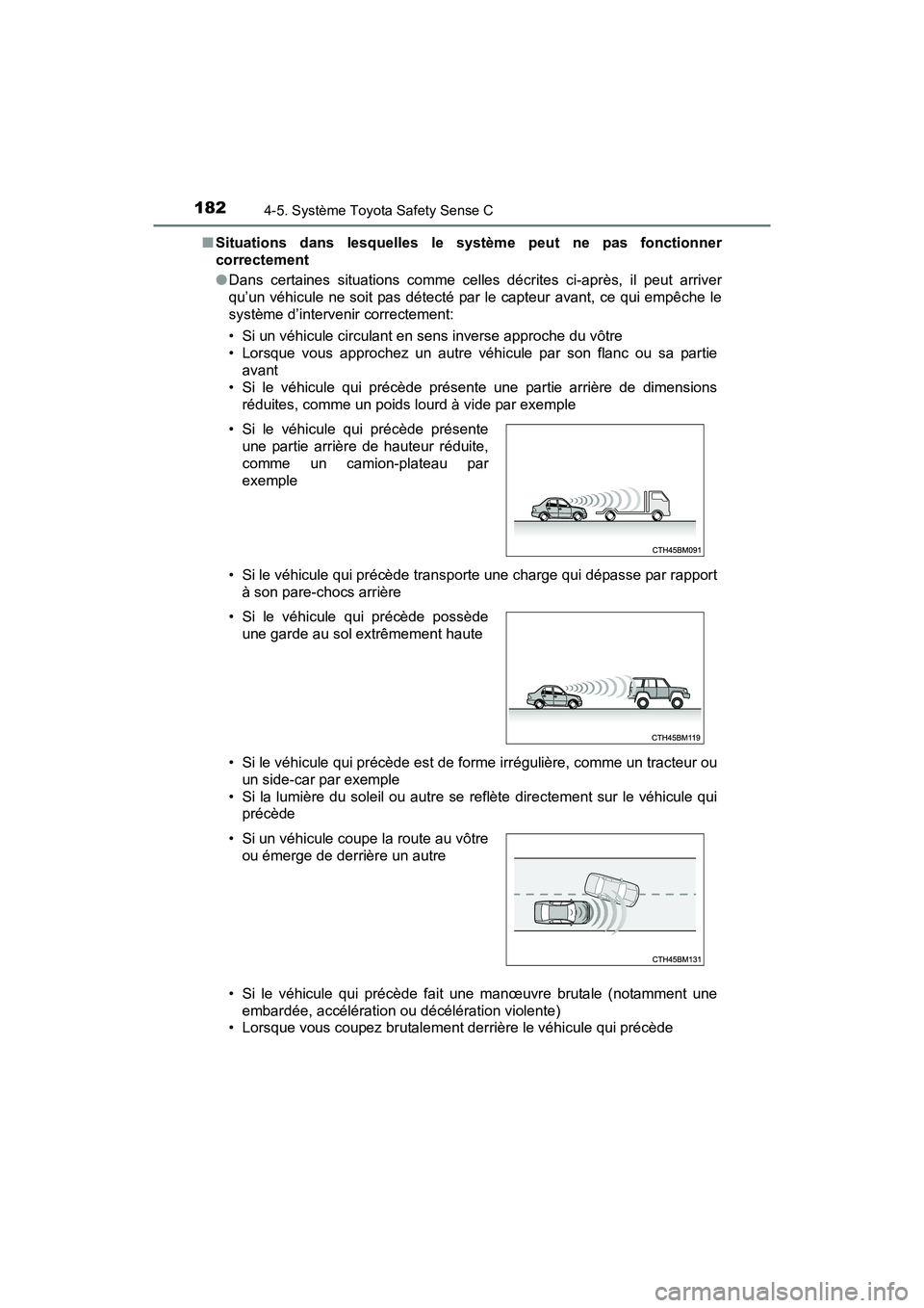 TOYOTA YARIS HATCHBACK 2017  Manuel du propriétaire (in French) 1824-5. Système Toyota Safety Sense C
YARIS_HB_OM_USA_OM52G64D■
Situations dans lesquelles le système peut ne pas fonctionner
correctement
●Dans certaines situations comme celles décrites ci-ap