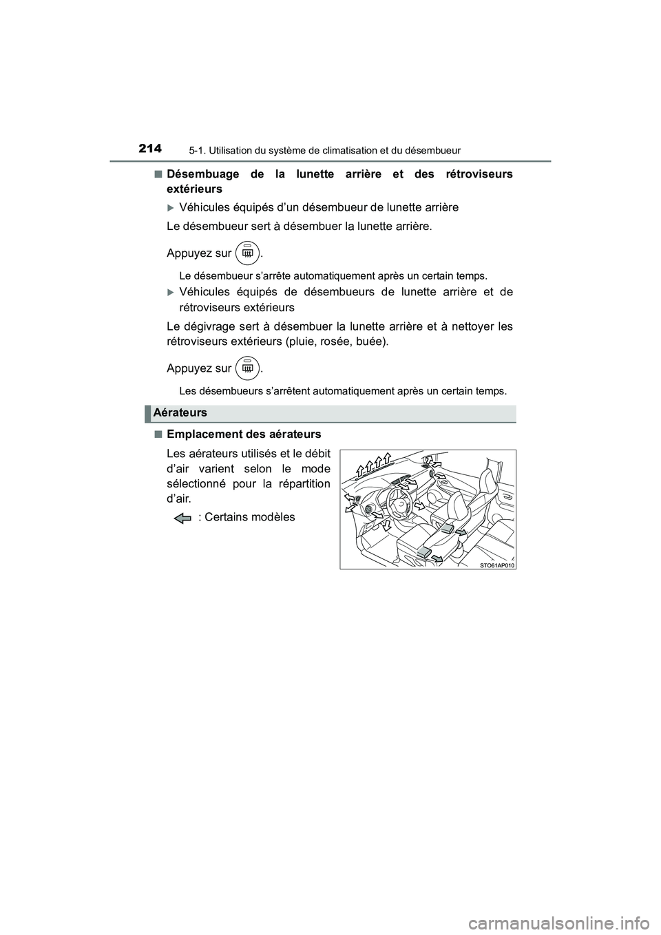 TOYOTA YARIS HATCHBACK 2017  Manuel du propriétaire (in French) 2145-1. Utilisation du système de climatisation et du désembueur
YARIS_HB_OM_USA_OM52G64D■
Désembuage de la lunette arrière et des rétroviseurs
extérieurs
Véhicules équipés d’un désem