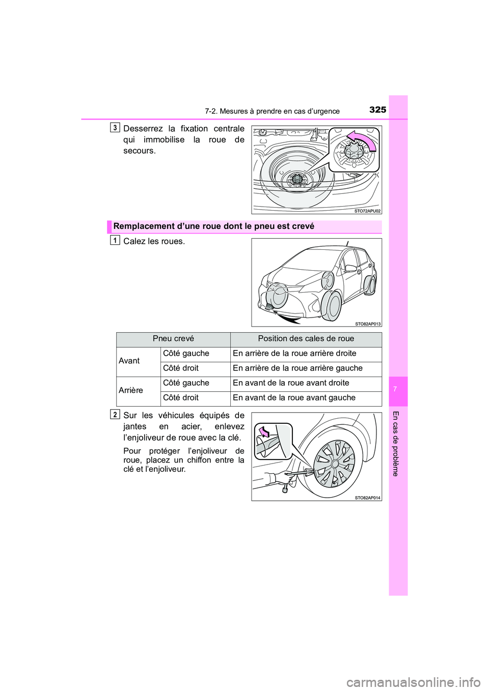 TOYOTA YARIS HATCHBACK 2017  Manuel du propriétaire (in French) 3257-2. Mesures à prendre en cas d’urgence
7
En cas de problème
YARIS_HB_OM_USA_OM52G64D
Desserrez la fixation centrale
qui immobilise la roue de
secours.
Calez les roues.
Sur les véhicules équi
