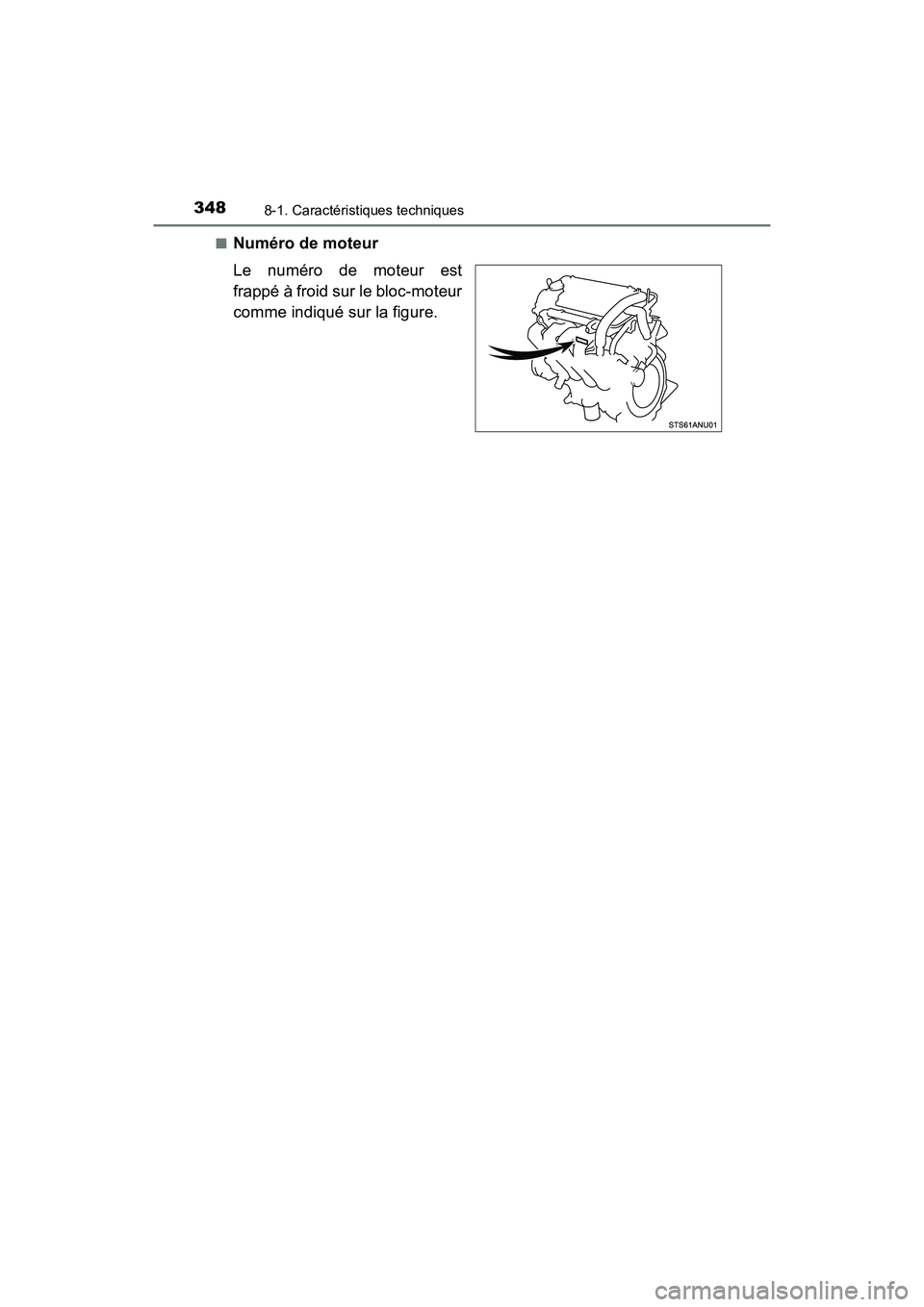 TOYOTA YARIS HATCHBACK 2017  Manuel du propriétaire (in French) 3488-1. Caractéristiques techniques
YARIS_HB_OM_USA_OM52G64D■
Numéro de moteur
Le numéro de moteur est
frappé à froid sur le bloc-moteur
comme indiqué sur la figure.
YARIS_HB_OM_USA_OM52G64D.b