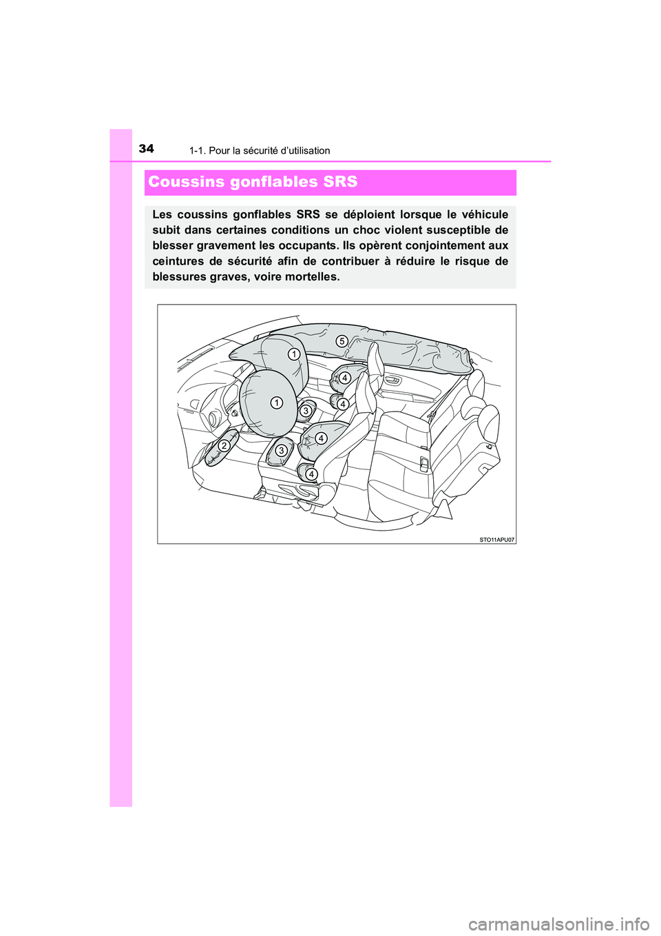 TOYOTA YARIS HATCHBACK 2017  Manuel du propriétaire (in French) 341-1. Pour la sécurité d’utilisation
YARIS_HB_OM_USA_OM52G64D
Coussins gonflables SRS
Les coussins gonflables SRS se déploient lorsque le véhicule
subit dans certaines conditions un choc violen