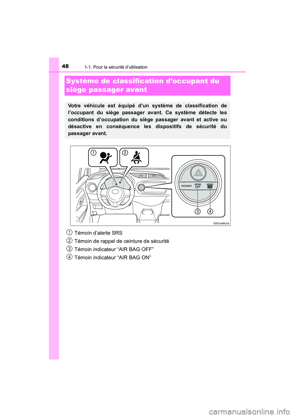TOYOTA YARIS HATCHBACK 2017  Manuel du propriétaire (in French) 481-1. Pour la sécurité d’utilisation
YARIS_HB_OM_USA_OM52G64D
Système de classification d’occupant du 
siège passager avant
Témoin d’alerte SRS
Témoin de rappel de ceinture de sécurité
