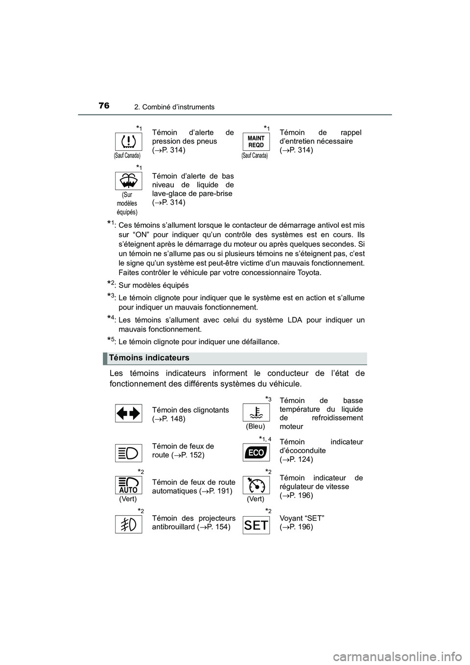 TOYOTA YARIS HATCHBACK 2017  Manuel du propriétaire (in French) 762. Combiné d’instruments
YARIS_HB_OM_USA_OM52G64D
*1: Ces témoins s’allument lorsque le contacteur de démarrage antivol est missur “ON” pour indiquer qu’un contrôle des systèmes est e