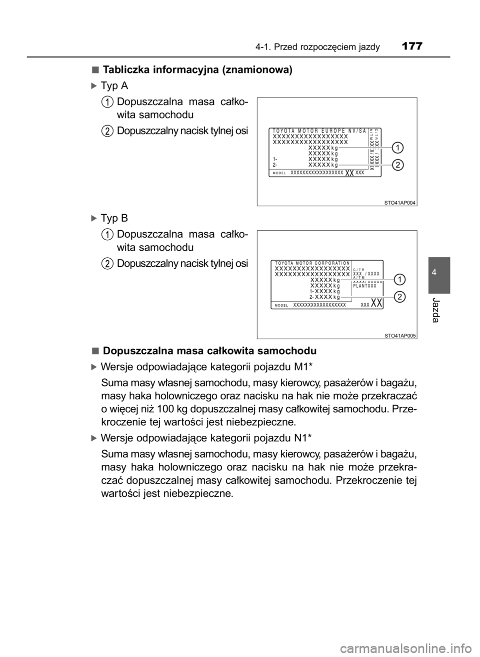 TOYOTA YARIS HATCHBACK 2016  Instrukcja obsługi (in Polish) Tabliczka informacyjna (znamionowa)
óTyp A
Dopuszczalna  masa  ca∏ko-
wita samochodu
Dopuszczalny nacisk tylnej osi
óTyp B
Dopuszczalna  masa  ca∏ko-
wita samochodu
Dopuszczalny nacisk tylnej os