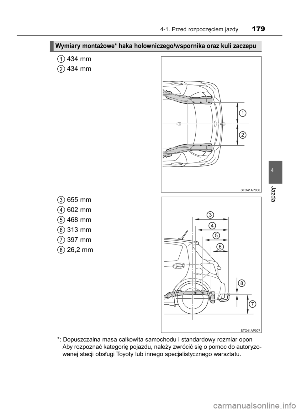 TOYOTA YARIS HATCHBACK 2016  Instrukcja obsługi (in Polish) 434 mm
434 mm
655 mm
602 mm
468 mm
313 mm
397 mm
26,2 mm
*: Dopuszczalna masa ca∏kowita samochodu i standardowy rozmiar opon
Aby rozpoznaç kategori´ pojazdu, nale˝y zwróciç si´ o pomoc do auto