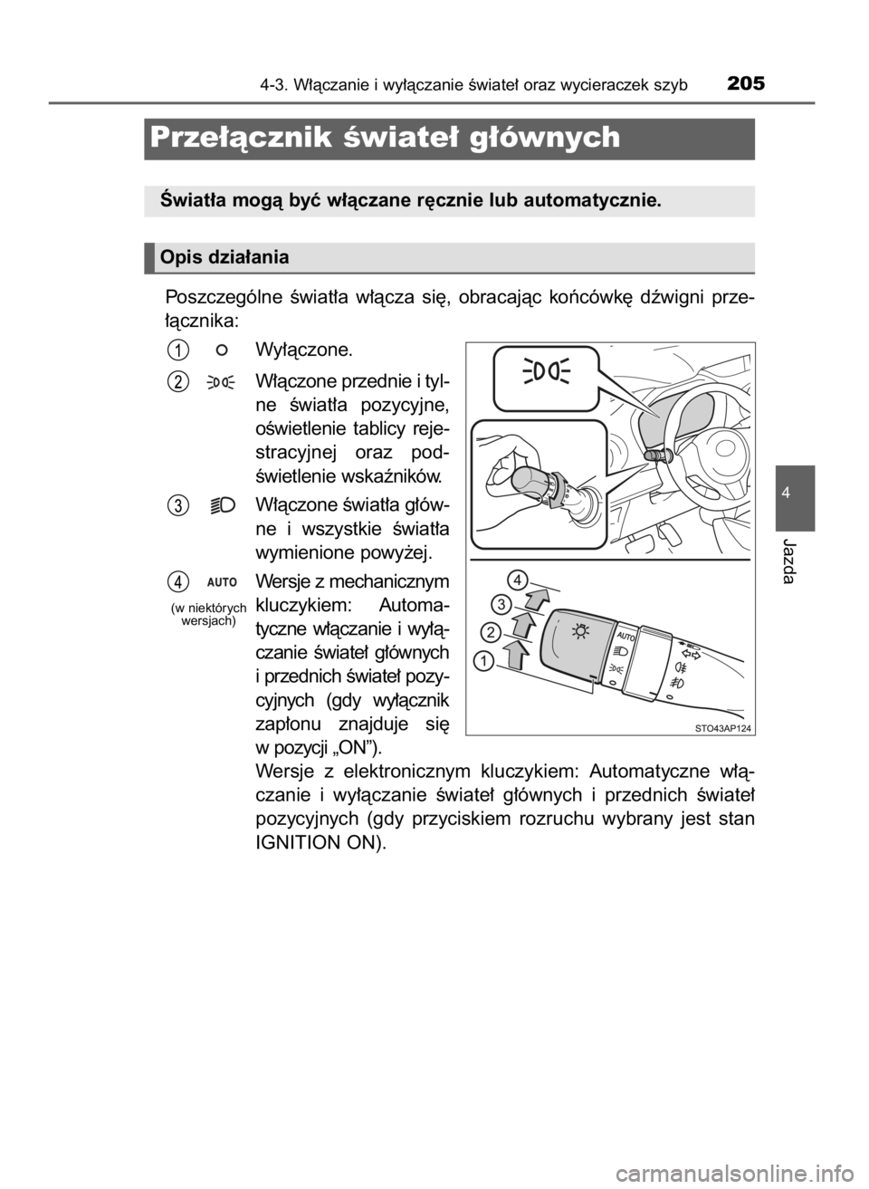TOYOTA YARIS HATCHBACK 2016  Instrukcja obsługi (in Polish) Poszczególne  Êwiat∏a  w∏àcza  si´,  obracajàc  koƒcówk´  dêwigni  prze-
∏àcznika:
Wy∏àczone.
W∏àczone przednie i tyl-
ne  Êwiat∏a  pozycyjne,
oÊwietlenie  tablicy  reje-
str
