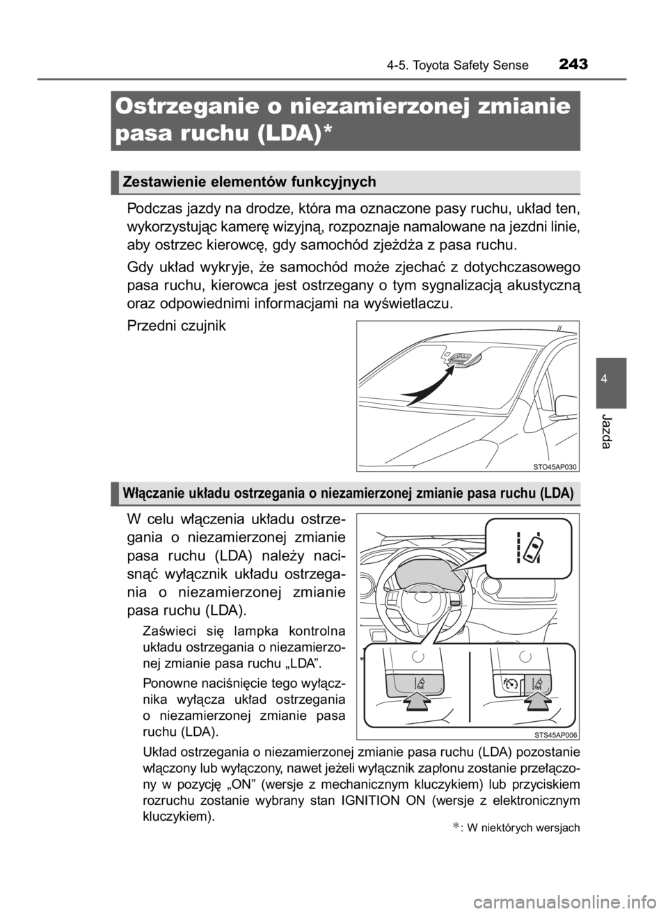 TOYOTA YARIS HATCHBACK 2016 Instrukcja obsługi (in Polish) Podczas jazdy na drodze, która ma oznaczone pasy ruchu, uk∏ad ten,
wykorzystujàc kamer´ wizyjnà, rozpoznaje namalowane na jezdni linie,
aby ostrzec kierowc´, gdy samochód zje˝d˝a z pasa ruch TOYOTA YARIS HATCHBACK 2016 Instrukcja obsługi (in Polish) Podczas jazdy na drodze, która ma oznaczone pasy ruchu, uk∏ad ten,
wykorzystujàc kamer´ wizyjnà, rozpoznaje namalowane na jezdni linie,
aby ostrzec kierowc´, gdy samochód zje˝d˝a z pasa ruch