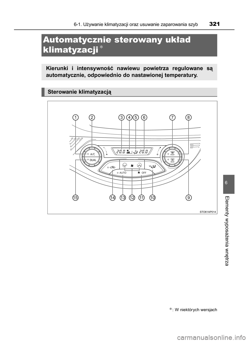 TOYOTA YARIS HATCHBACK 2016  Instrukcja obsługi (in Polish) 6-1. U˝ywanie klimatyzacji oraz usuwanie zaparowania szyb321
6
Elementy wyposa˝enia wn´trza
Automatycznie sterowany uk∏ad 
klimatyzacji
✻
Kierunki  i intensywnoÊç  nawiewu  powietrza  regulow