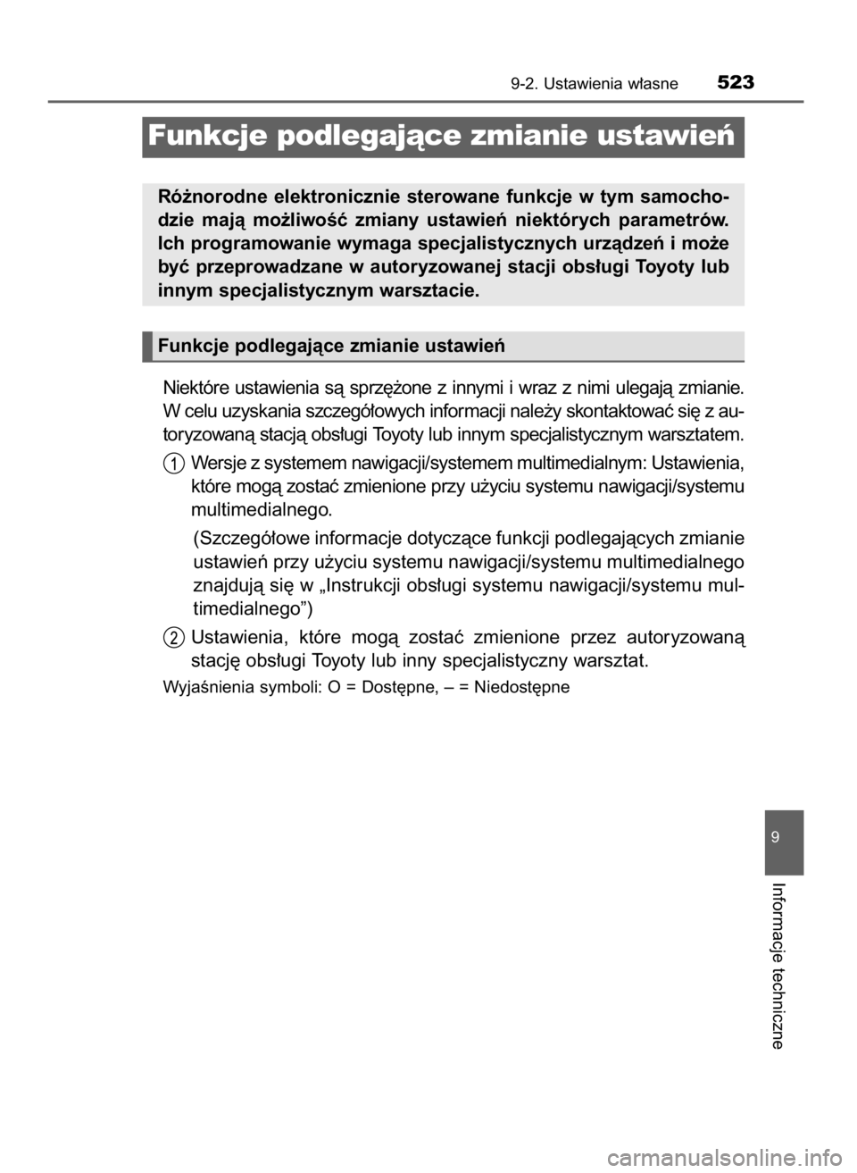 TOYOTA YARIS HATCHBACK 2016 Instrukcja obsługi (in Polish) Niektóre ustawienia sà sprz´˝one z innymi i wraz z nimi ulegajà zmianie.
W celu uzyskania szczegó∏owych informacji nale˝y skontaktowaç si´ z au-
toryzowanà stacjà obs∏ugi Toyoty TOYOTA YARIS HATCHBACK 2016 Instrukcja obsługi (in Polish) Niektóre ustawienia sà sprz´˝one z innymi i wraz z nimi ulegajà zmianie.
W celu uzyskania szczegó∏owych informacji nale˝y skontaktowaç si´ z au-
toryzowanà stacjà obs∏ugi Toyoty