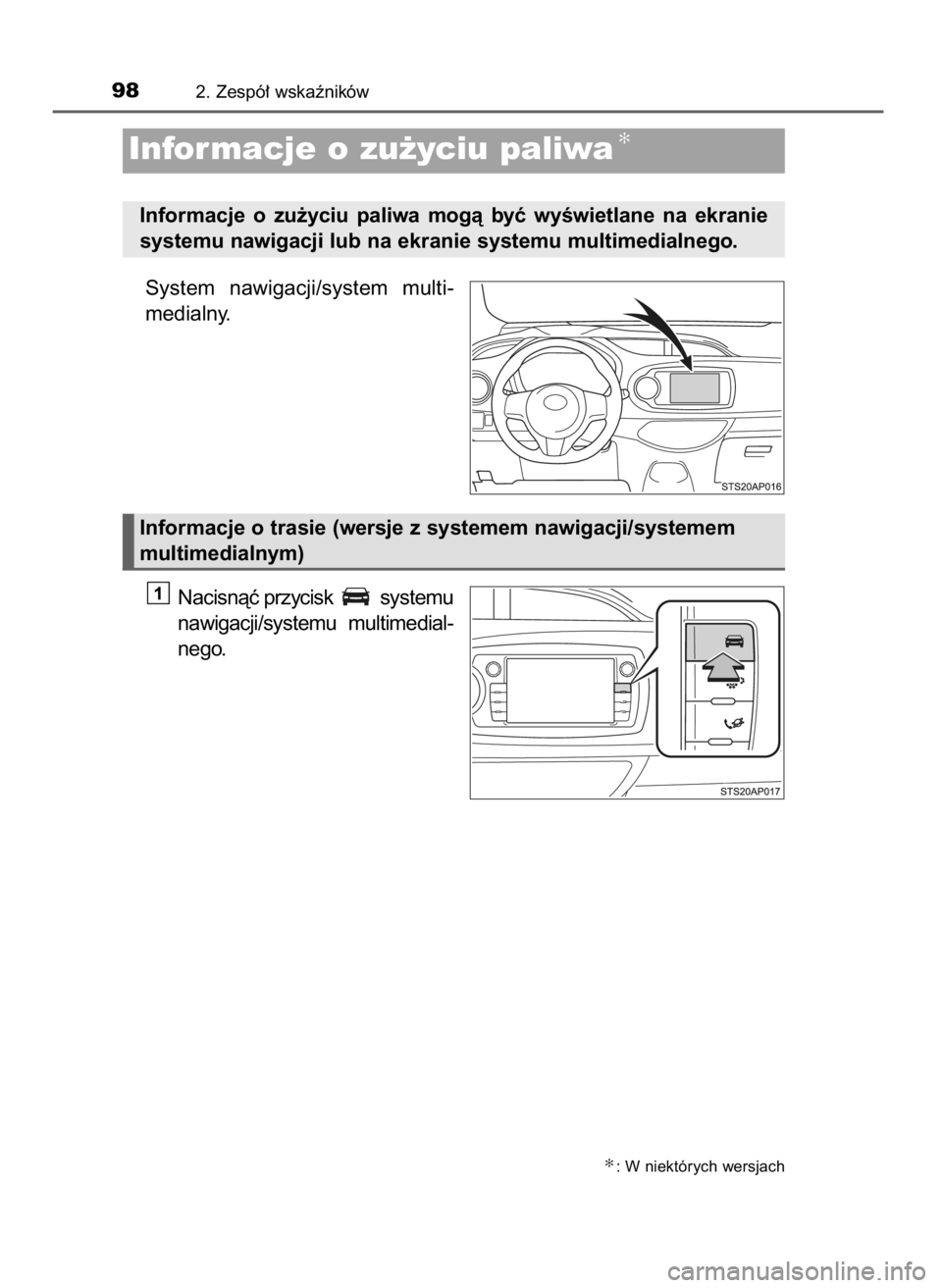 TOYOTA YARIS HATCHBACK 2016  Instrukcja obsługi (in Polish) System  nawigacji/system  multi-
medialny.
Nacisnàç przycisk  systemu
nawigacji/systemu  multimedial-
nego.
1
982. Zespó∏ wskaêników
Informacje o zu˝yciu paliwa✻
Informacje  o zu˝yciu  pali