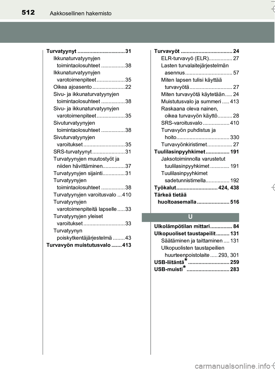 TOYOTA YARIS HATCHBACK 2016 Omistajan Käsikirja (in Finnish) 512Aakkosellinen hakemisto
OM52G66FI
Turvatyynyt ................................ 31Ikkunaturvatyynyjen toimintaolosuhteet ................ 38
Ikkunaturvatyynyjen
varotoimenpiteet ................... TOYOTA YARIS HATCHBACK 2016 Omistajan Käsikirja (in Finnish) 512Aakkosellinen hakemisto
OM52G66FI
Turvatyynyt ................................ 31Ikkunaturvatyynyjen toimintaolosuhteet ................ 38
Ikkunaturvatyynyjen
varotoimenpiteet ...................