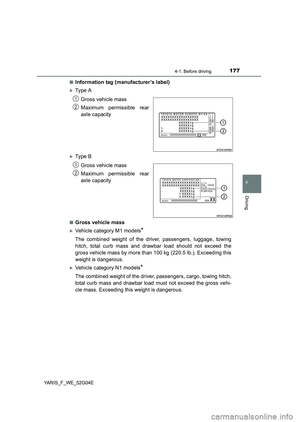 TOYOTA YARIS HATCHBACK 2015  Owners Manual 1774-1. Before driving
4
Driving
YARIS_F_WE_52G04E 
■Information tag (manufacturer’s label)
Ty pe  A 
Gross vehicle mass 
Maximum permissible rear 
axle capacity
Ty pe  B 
Gross vehicle mass