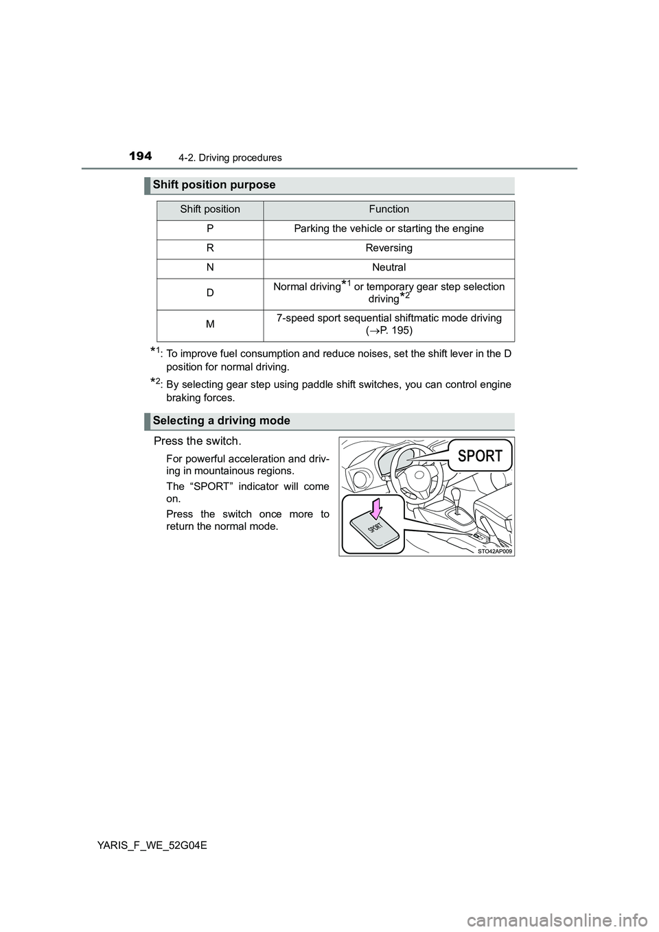 TOYOTA YARIS HATCHBACK 2015  Owners Manual 1944-2. Driving procedures
YARIS_F_WE_52G04E
*1: To improve fuel consumption and reduce noises, set the shift lever in the D 
position for normal driving.
*2: By selecting gear step using paddle shift
