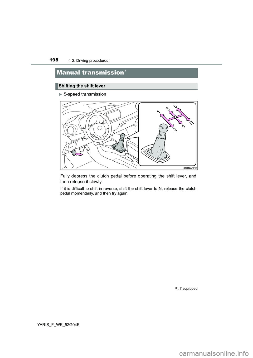 TOYOTA YARIS HATCHBACK 2015  Owners Manual 1984-2. Driving procedures
YARIS_F_WE_52G04E
Manual transmission
5-speed transmission 
Fully depress the clutch pedal before operating the shift lever, and 
then release it slowly.
If it is diff