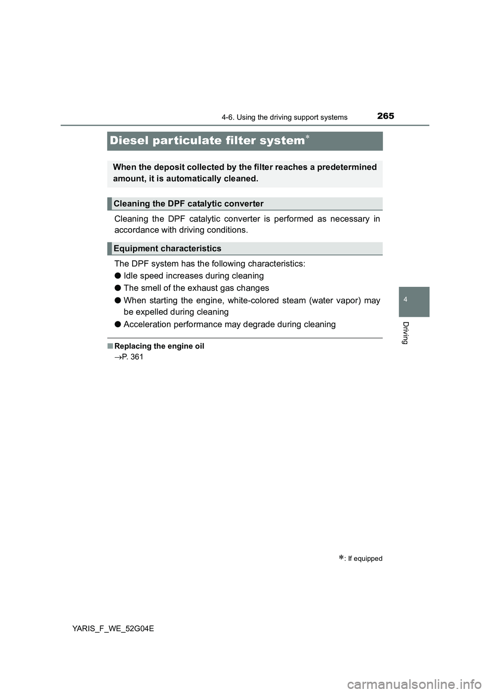 TOYOTA YARIS HATCHBACK 2015  Owners Manual 265
4
4-6. Using the driving support systems
Driving
YARIS_F_WE_52G04E
Diesel par ticulate filter system
Cleaning the DPF catalytic converter is performed as necessary in 
accordance with driving c