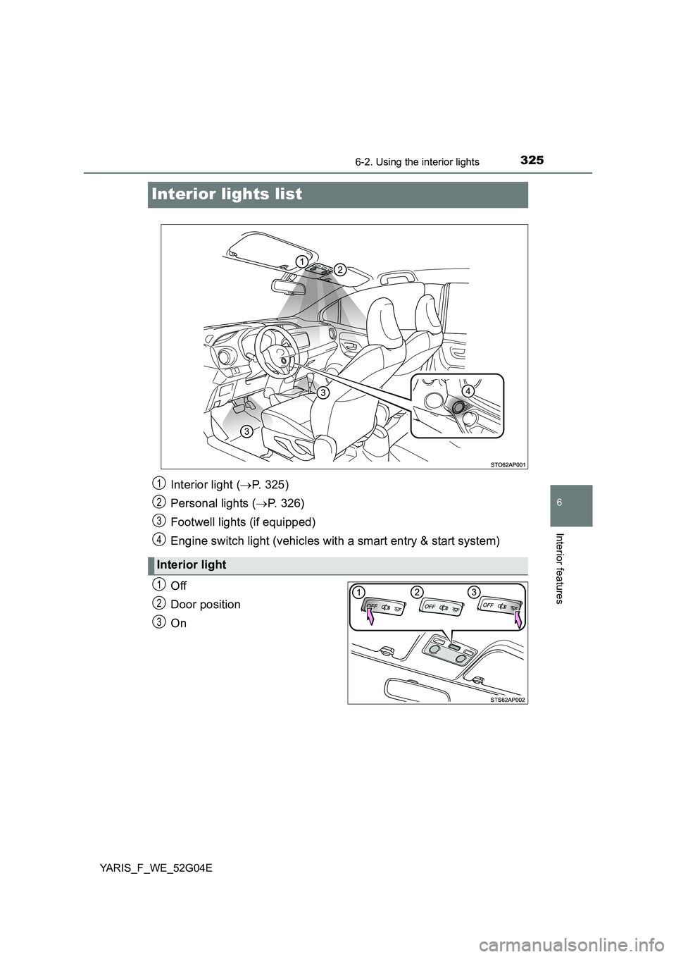 TOYOTA YARIS HATCHBACK 2015  Owners Manual 3256-2. Using the interior lights
6
Interior features
YARIS_F_WE_52G04E
Interior lights list
Off 
Door position 
On 
Interior light ( P. 325) 
Personal lights ( P. 326) 
Footwell lights (if equi