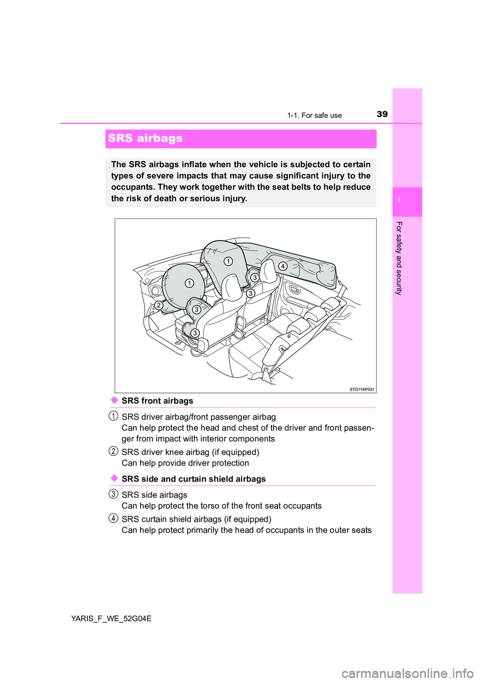 TOYOTA YARIS HATCHBACK 2015  Owners Manual 391-1. For safe use
1
For safety and security
YARIS_F_WE_52G04E
SRS airbags
◆SRS front airbags 
SRS driver airbag/front passenger airbag 
Can help protect the head and chest of the driver and front 