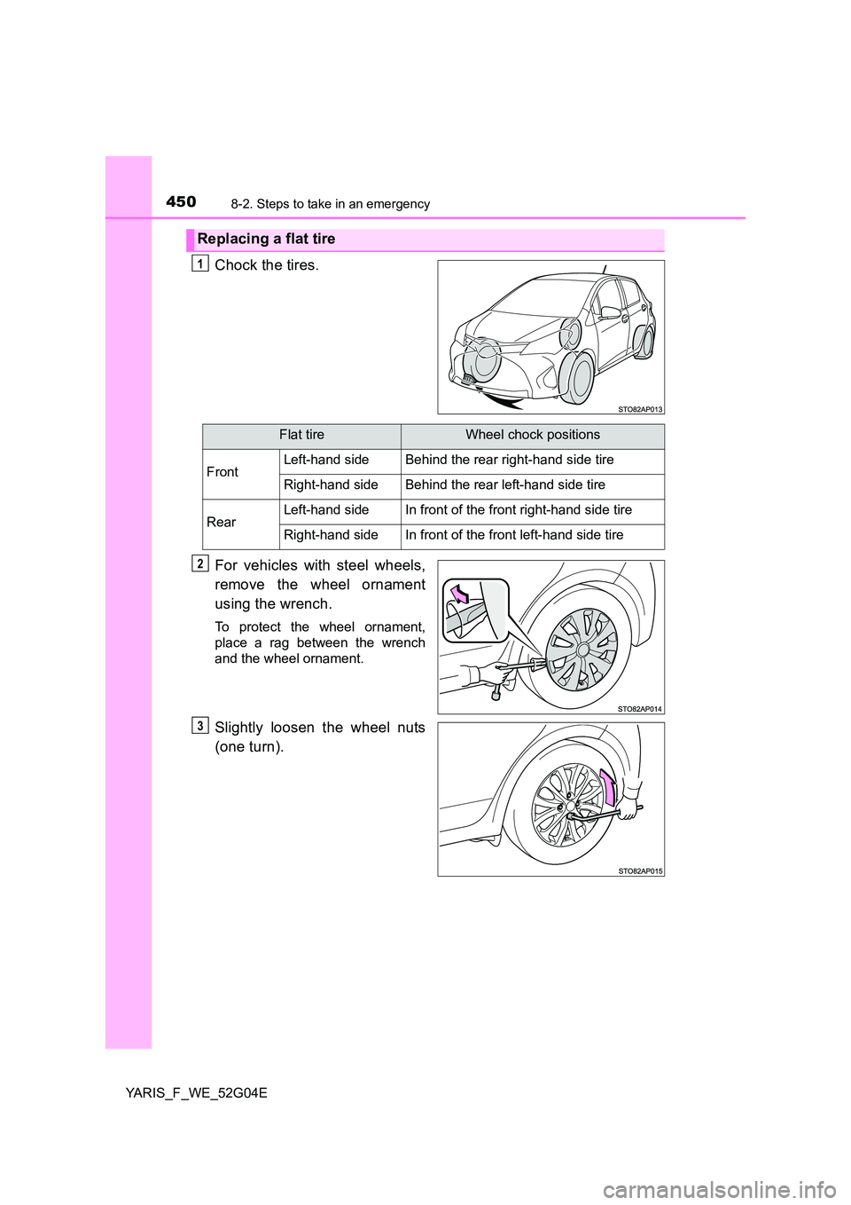 TOYOTA YARIS HATCHBACK 2015  Owners Manual 4508-2. Steps to take in an emergency
YARIS_F_WE_52G04E
Chock the tires. 
For vehicles with steel wheels, 
remove the wheel ornament 
using the wrench.
To protect the wheel ornament, 
place a rag betw