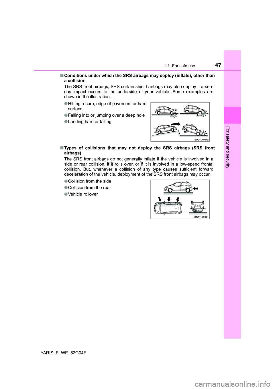 TOYOTA YARIS HATCHBACK 2015  Owners Manual 471-1. For safe use
1
For safety and security
YARIS_F_WE_52G04E 
■ Conditions under which the SRS airbags may deploy (inflate), other than 
a collision  
The SRS front airbags, SRS curtain shield ai