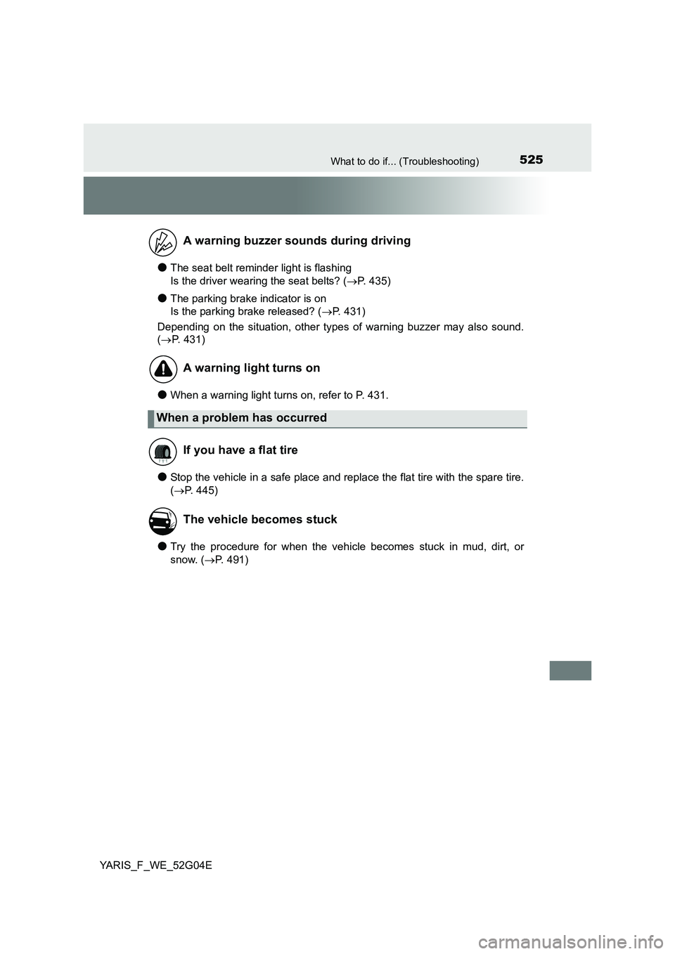 TOYOTA YARIS HATCHBACK 2015  Owners Manual 525What to do if... (Troubleshooting)
YARIS_F_WE_52G04E
●The seat belt reminder light is flashing  
Is the driver wearing the seat belts? ( P. 435)
●The parking brake indicator is on  
Is the p