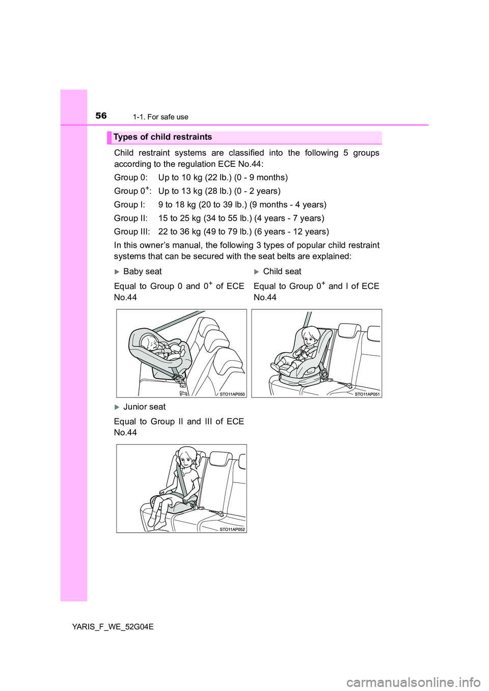 TOYOTA YARIS HATCHBACK 2015  Owners Manual 561-1. For safe use
YARIS_F_WE_52G04E
Child restraint systems are classified into the following 5 groups 
according to the regulation ECE No.44: 
Group 0: Up to 10 kg (22 lb.) (0 - 9 months) 
Group 0+