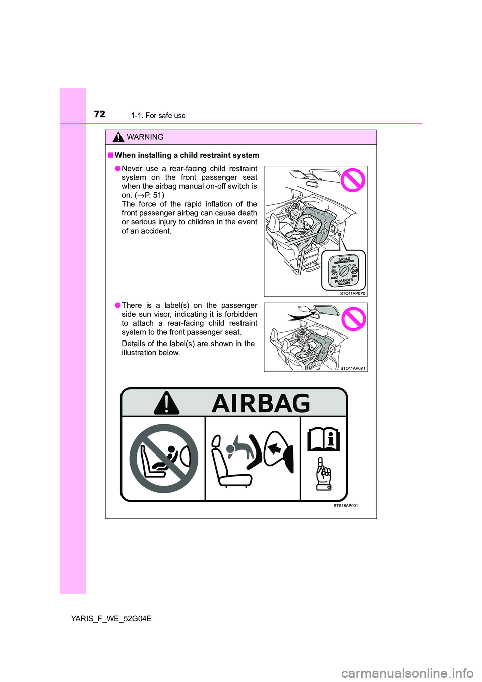 TOYOTA YARIS HATCHBACK 2015  Owners Manual 721-1. For safe use
YARIS_F_WE_52G04E
WARNING
■When installing a child restraint system
●Never use a rear-facing child restraint 
system on the front passenger seat 
when the airbag manual on-off 
